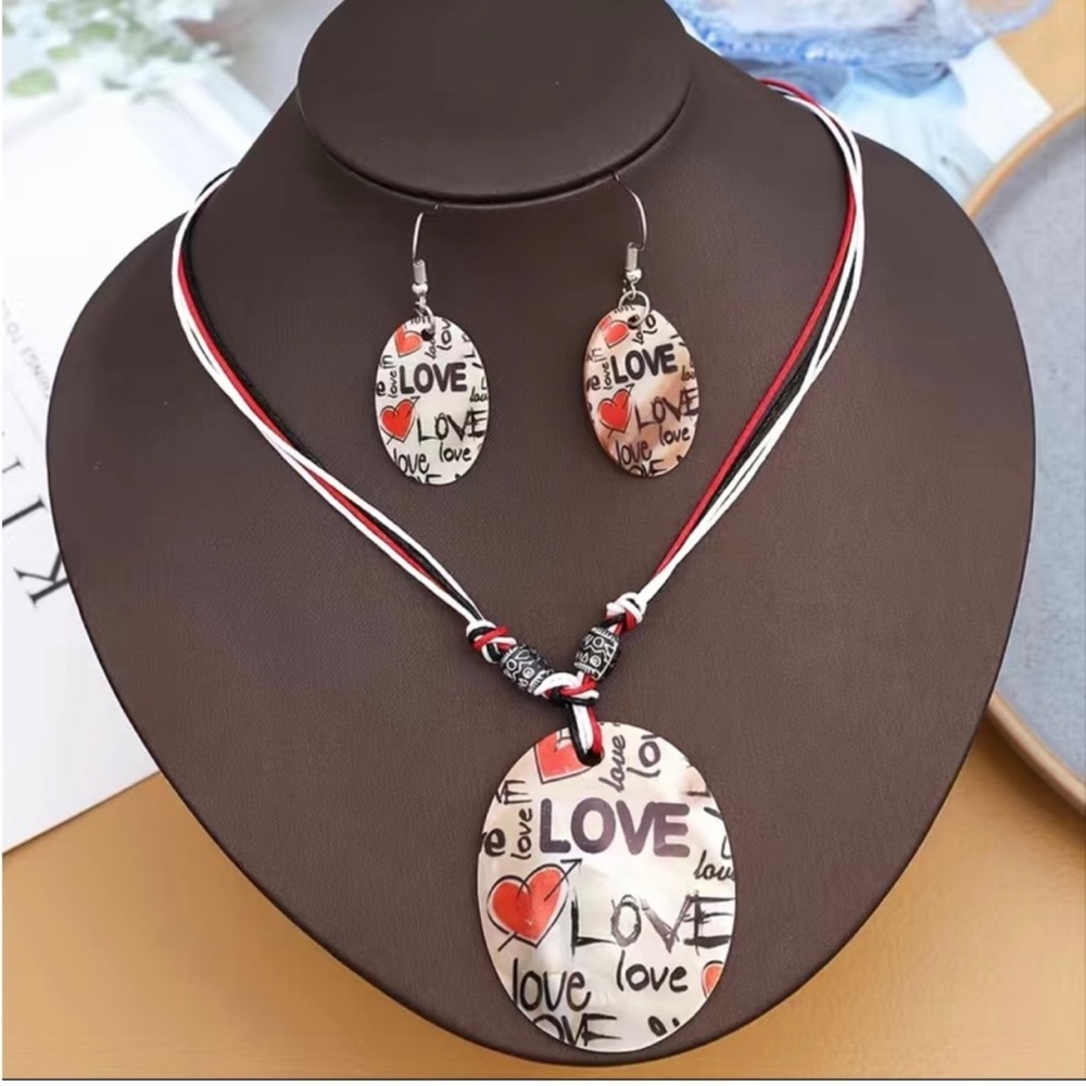 3 Pcs Love Letter Print Shell Pendant Necklace & Drop Hook Earrings Set